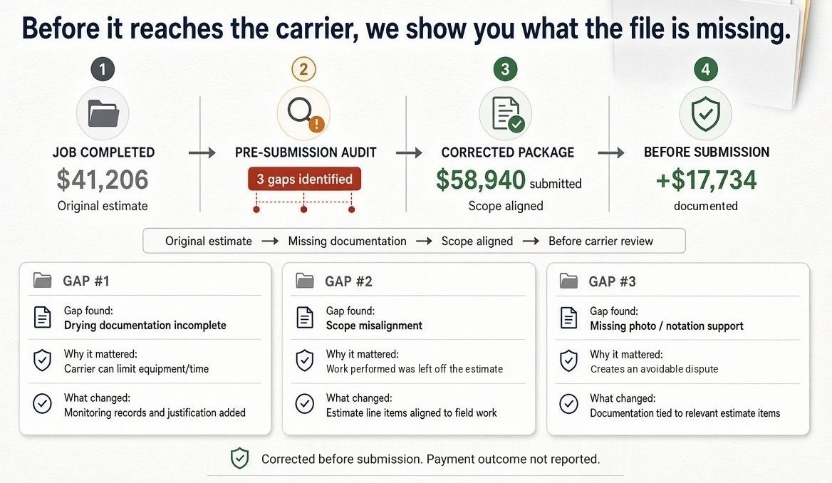 Diagram of an anonymized real claim file: $41,206 original estimate, three documentation gaps found in a pre-submission audit, and a corrected package submitted at $58,940, which is $17,734 of scope documented before carrier review